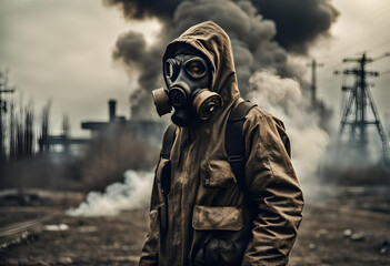 The man in the gas mask of smoke. Stalker. - obrazy, fototapety, plakaty