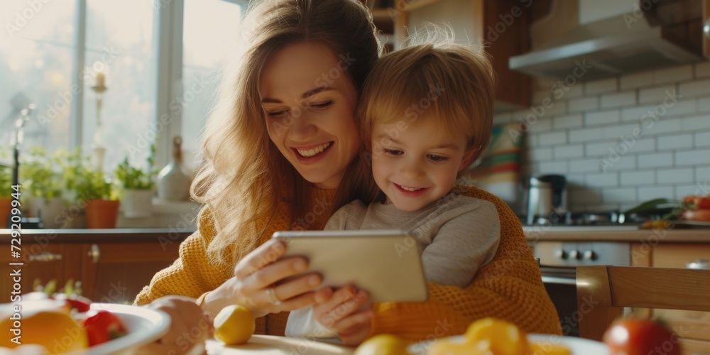 Poster a woman and a child sitting at a table, engaged with a tablet. suitable for technology-related proje
