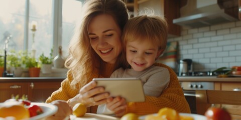 A woman and a child sitting at a table, engaged with a tablet. Suitable for technology-related projects and family-oriented themes