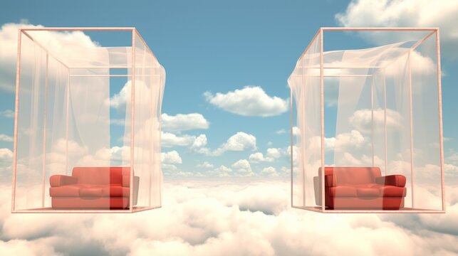 Surreal Cloudscape With Transparent Structures and Red armchairs in Daytime