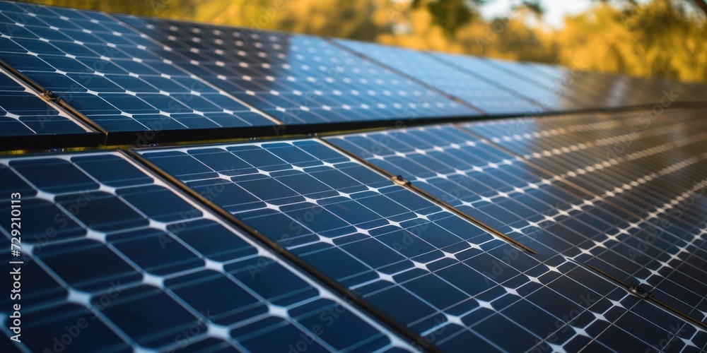 Poster a detailed view of a solar panel with lush trees in the background. ideal for renewable energy conce