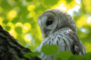 Owl sitting on tree in forest, close-up of bird looking away on sunny day outdoors