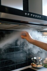 A woman is using steam to clean a stove. This image can be used to illustrate household cleaning or kitchen maintenance