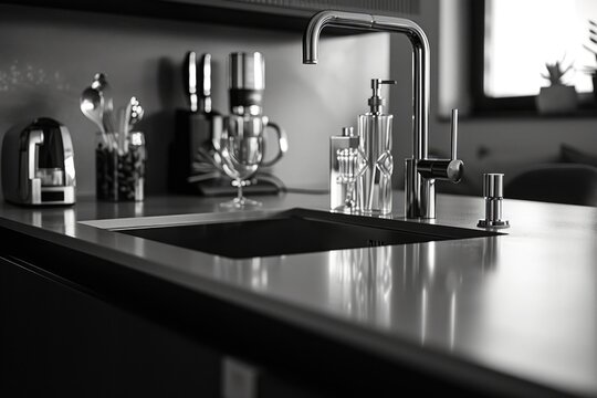 A black and white photo of a kitchen sink. Perfect for showcasing minimalist design or adding a vintage touch to kitchen-related content