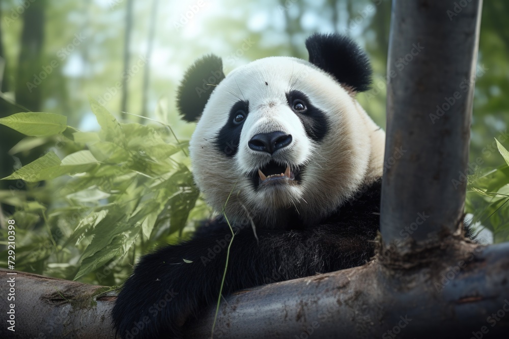 Poster a panda bear calmly perched on a tree branch. perfect for nature and wildlife enthusiasts