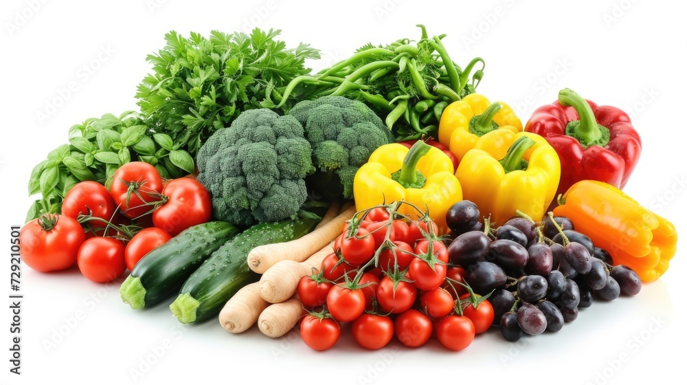 Poster fresh and colorful assortment of vegetables and fruits displayed on a clean white surface. ideal for
