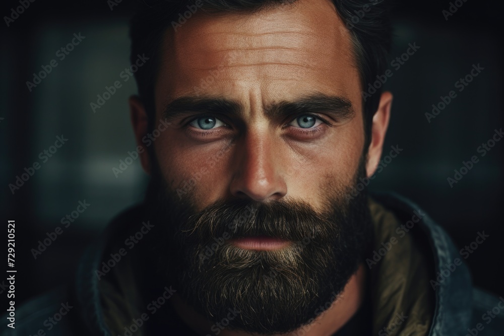 Aufkleber A close-up view of a man with a beard. This image can be used in various contexts
