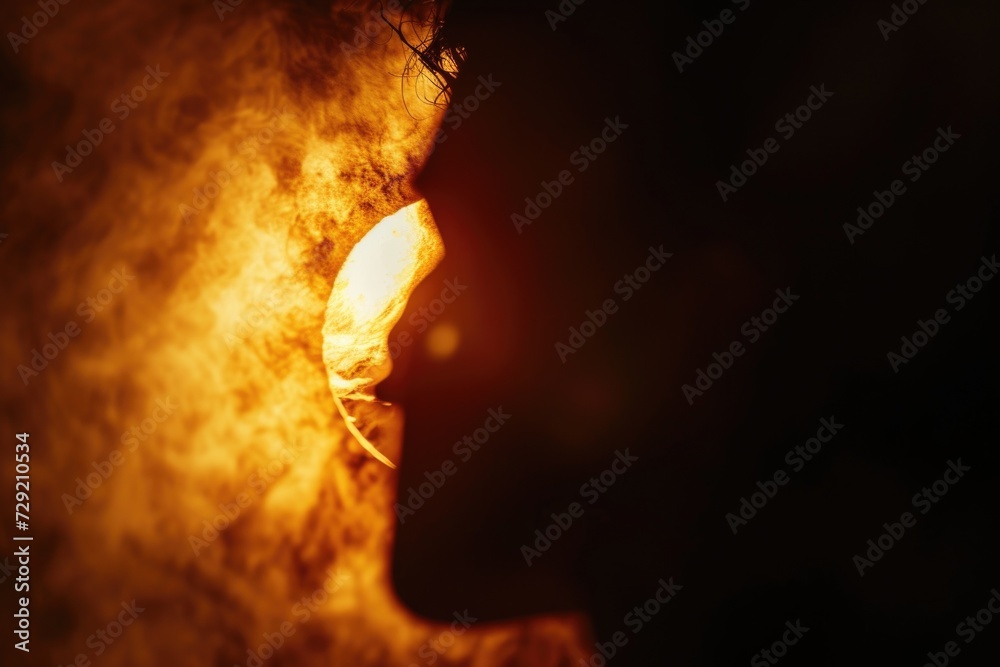 Poster a close-up photograph capturing the intense expression on a person's face against a backdrop of roar