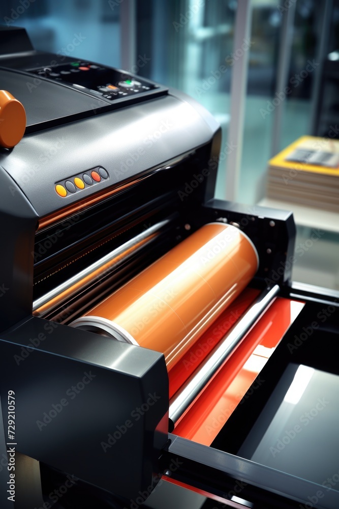 Poster Close-up view of a machine with a roll of vibrant orange paper. Versatile and ideal for various creative projects
