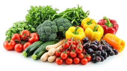 Fresh and colorful assortment of vegetables and fruits displayed on a clean white surface. Ideal for healthy eating, nutrition, cooking, and food-related concepts