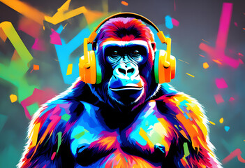 A colorful gorilla using an augmented reality - obrazy, fototapety, plakaty