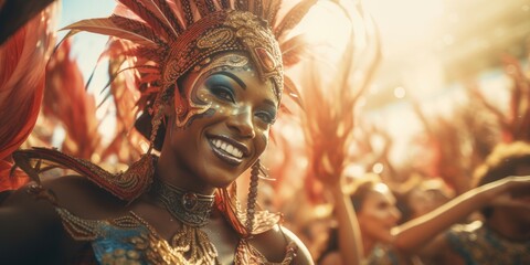 A woman dressed in a carnival costume smiles at the camera. Perfect for capturing the joy and excitement of festive events