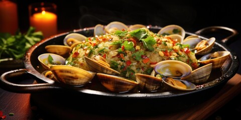 A delicious plate of clams served with a bed of rice and fresh vegetables. Perfect for seafood lovers. Can be used for restaurant menus or food-related articles