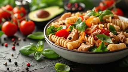 Healthy salad with chicken, tomato, basil and pasta on a wooden table