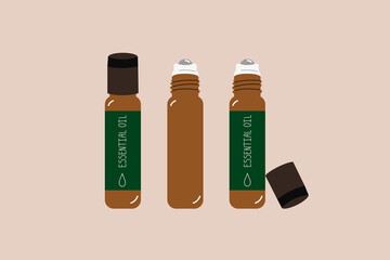 Set of brown roller bottles for liquid essential oils. Grass jar vector illustration clipart
