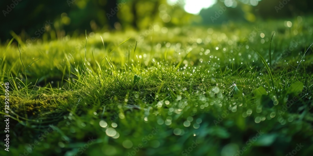 Poster a picture of a grass field with water droplets on it. perfect for nature enthusiasts or environmenta