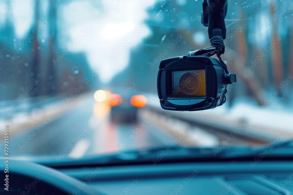 Poster A car's rear view mirror with a camera attached to it. This picture can be used to showcase the integration of technology in modern vehicles