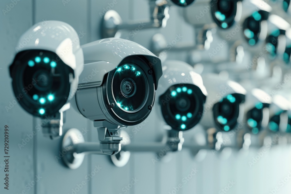 Poster a collection of surveillance cameras mounted on a wall. this image can be used to depict security, m