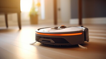 A robotic vacuum cleaner sitting on a wooden floor. Ideal for home cleaning and automation.