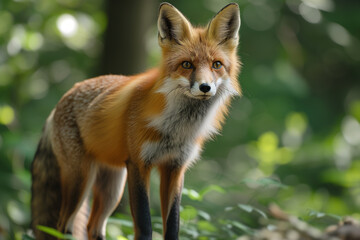 Fox standing in summer green forest, Wild animal outdoors looking away