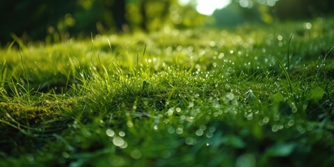 A picture of a grass field with water droplets on it. Perfect for nature enthusiasts or environmental campaigns - obrazy, fototapety, plakaty