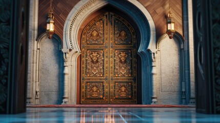 Fototapeta na wymiar A large wooden door in an ornate building. Ideal for architectural designs and historical themes
