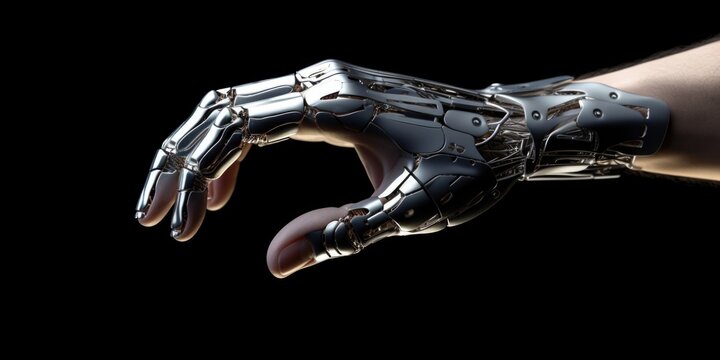 A person's hand wearing a robotic glove. This image can be used to depict advanced technology or assistive devices