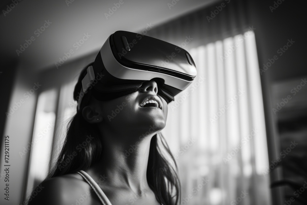 Poster A woman is pictured wearing a virtual reality headset while standing in front of a window. This image can be used to illustrate the concept of technology and virtual reality experiences
