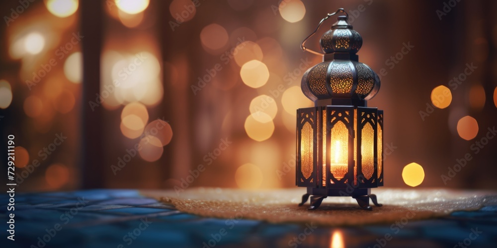 Poster A lantern with a lit candle inside. Can be used for creating a cozy atmosphere or as a decorative element