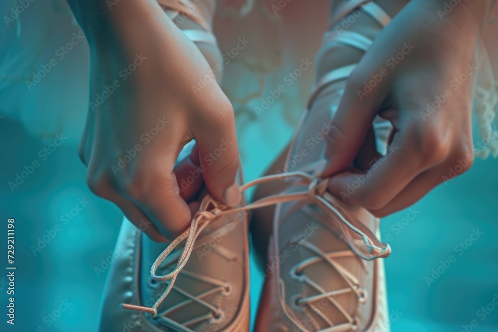 Aufkleber A close-up shot of a person tying a pair of shoes. Perfect for illustrating the act of getting ready or preparing for a physical activity
