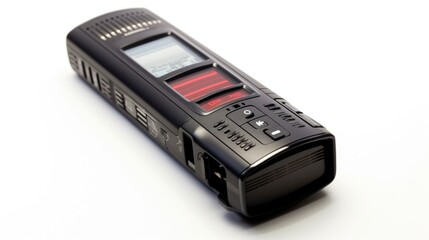 A black MP3 player is placed on top of a clean white surface. Perfect for technology or music-related projects