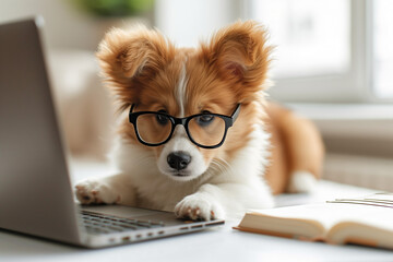 Funny puppy with glasses and book in front of a laptop, cute dog looks at the computer, white background at home - obrazy, fototapety, plakaty