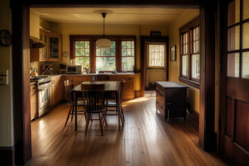 The interior of a colonial craftsman cottage home features a kitchen with retro style - obrazy, fototapety, plakaty