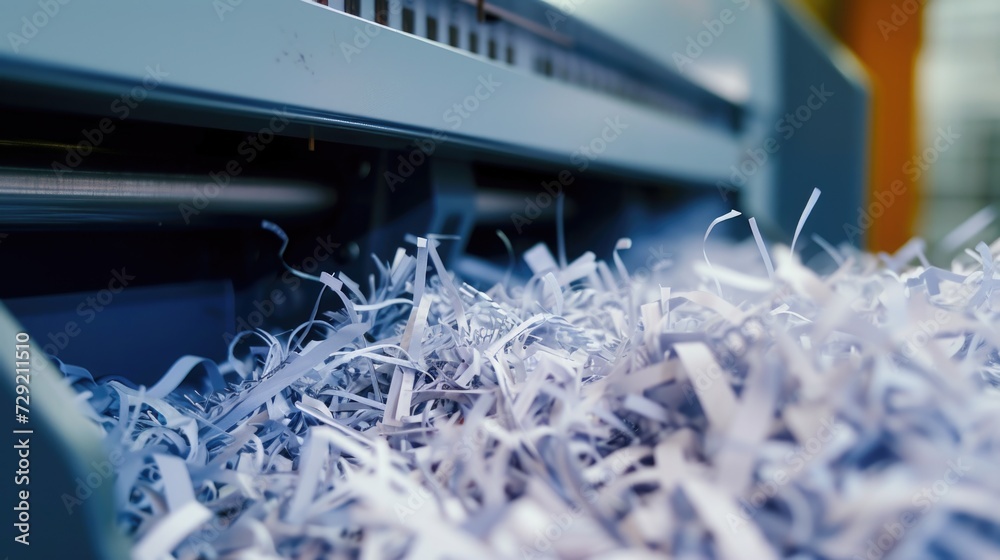 Poster a detailed view of a machine cutting shredded paper. this image can be used to showcase document sec