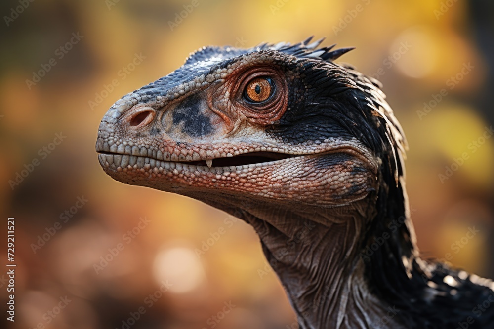 Poster a close-up view of a dinosaur's head with a blurry background. this image can be used to depict preh