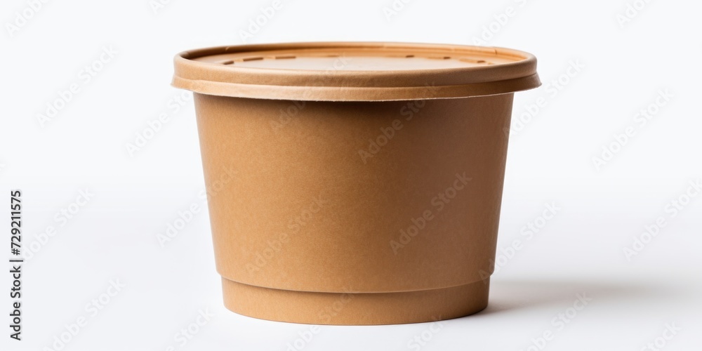 Poster a brown paper cup with a lid placed on a clean white surface. suitable for showcasing beverage conta