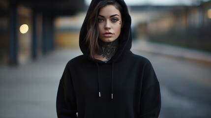 Fototapeta premium A woman wearing a black hoodie standing on a sidewalk. This image can be used to depict urban fashion, street style, or a mysterious character in a city setting