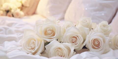 Obraz premium A bunch of white roses sitting on a bed. Perfect for adding a touch of elegance to any room