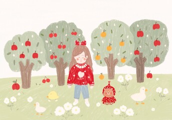 Naklejka premium Girl in fruit garden with animals background 