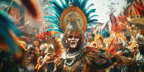 A man wearing a costume adorned with feathers and a feathered headpiece. This image can be used for costume parties, theatrical performances, or cultural events - obrazy, fototapety, plakaty