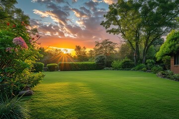 Obraz premium Back house yard with green grass and nice landscaping with sunlights