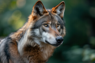 Wolf in summer forest, Wild animal during the day outdoors looking away