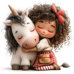 Cute girl with curly hair with a shiny bow, in a menthol T-shirt with strawberries, skirt with pockets, striped tights and shoes with clasps, hugging a big Cute unicorn Horse