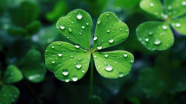 A close-up image of a four leaf clover with water droplets. Perfect for St. Patrick's Day designs or as a symbol of luck and good fortune