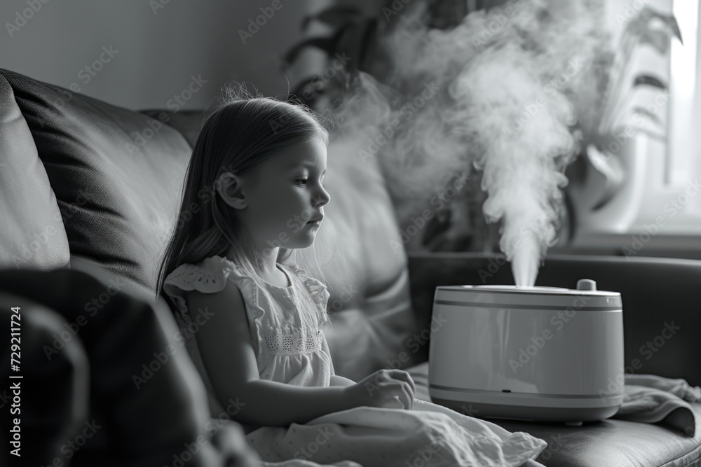 Poster a little girl is sitting on a couch next to a humidifier. this image can be used to depict a cozy ho