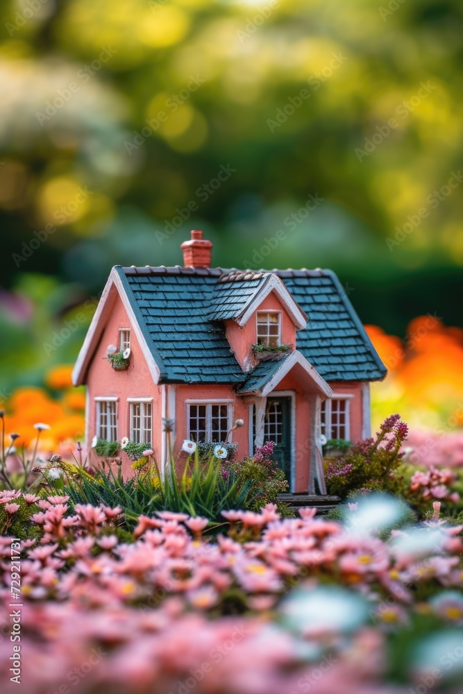 Aufkleber a charming miniature house surrounded by a vibrant garden of colorful flowers. perfect for adding a 