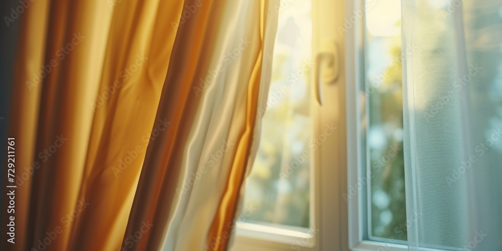 Poster A detailed view of a window with a curtain. Perfect for adding a touch of elegance to any interior design project