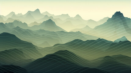 Serene Misty Mountain Range at Dawn Captured in a Tranquil Landscape. Dreamscape wallpaper.
