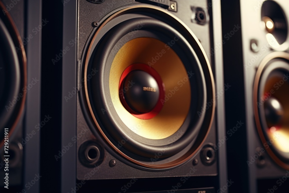 Poster a detailed close-up image of a pair of speakers. this image can be used to showcase audio equipment 
