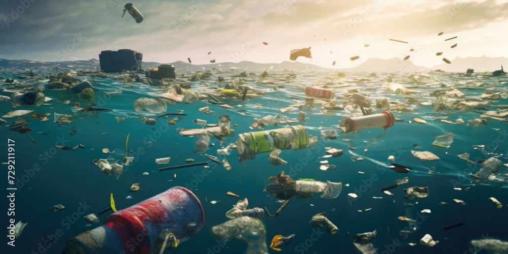 Poster trash floating in the ocean. suitable for environmental awareness campaigns